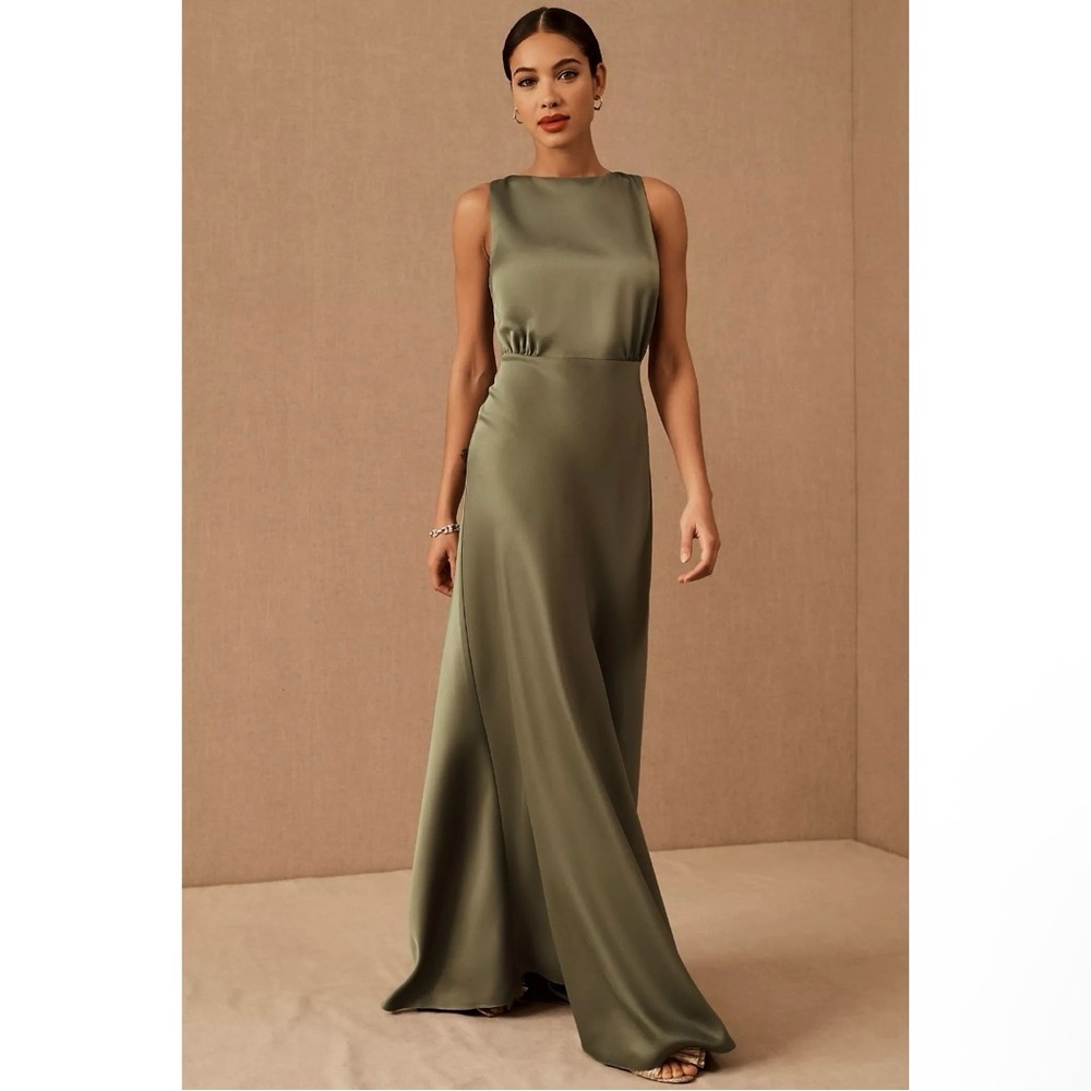 BHLDN Anthropologie Beckett Satin Moss Green Maxi Dress